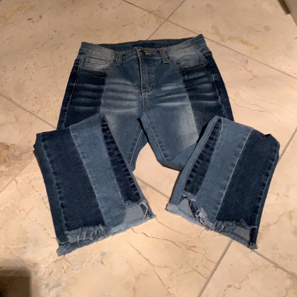 Patchwork stretch denim ragged ankle hem